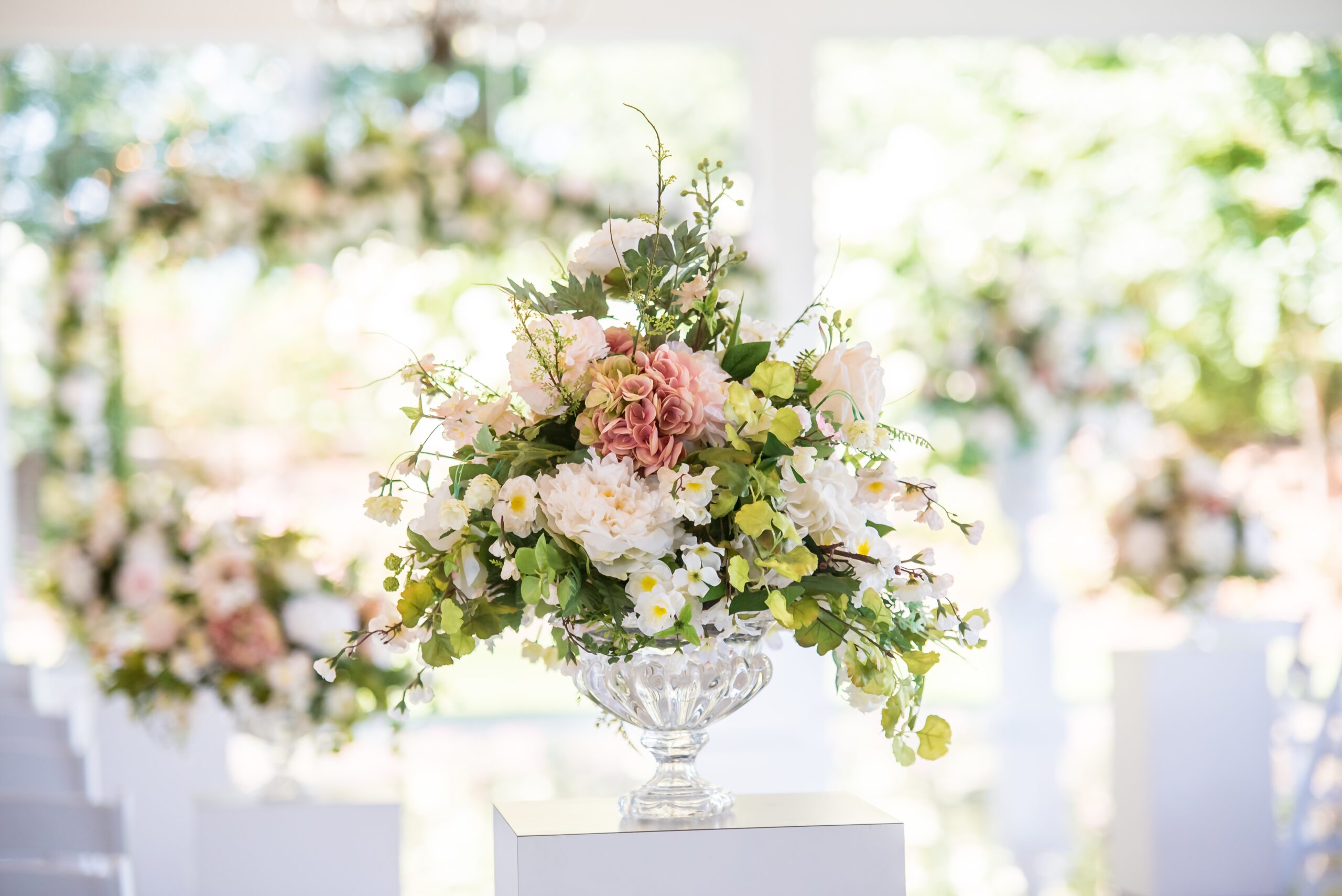 A beautiful shot of a luxurious interior for a wedding with flowers